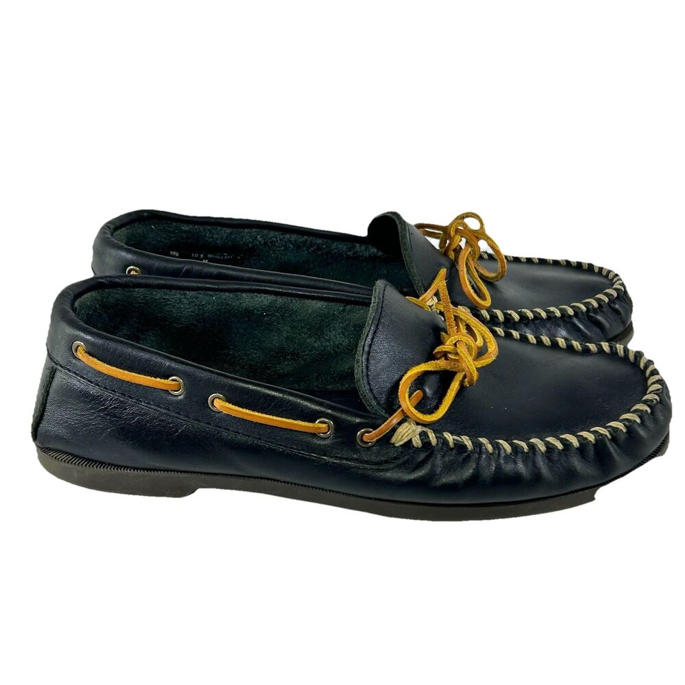 Minnetonka Moccasin Camp Moc Loafer Slipper Black Leather Men's 10.5